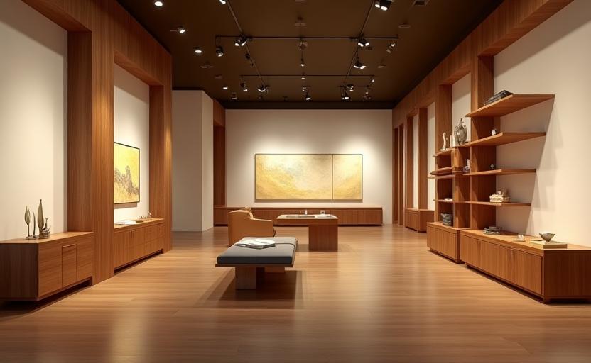Sanat galerisi kurulumunda ahşap raf ve aydınlatma
